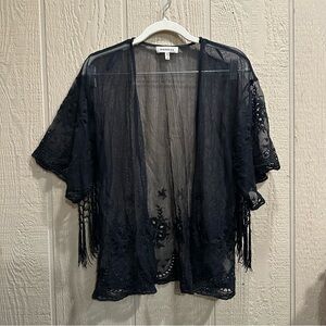 Monteau Black Sheer Kimono with Fringe